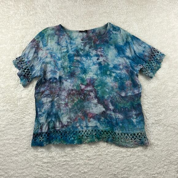 Lungo L'arno blue watercolor tie dye and crochet linen top, size 2X - Picture 1 of 8
